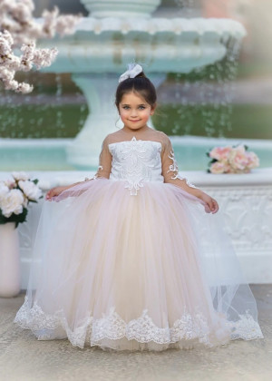 Long Sleeves Lace Tulle Pearl Buttons Back Dreamy Flower Girl Dress
